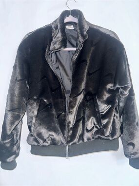 Nike Black Faux-Fur Bomber Jacket with Signature Swoosh